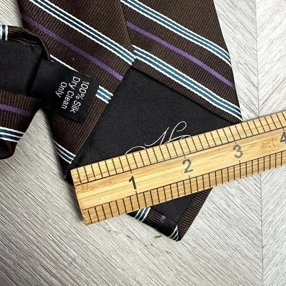 Hickey Freeman Brown Diagonal Stripe Silk Tie Blue White Purple